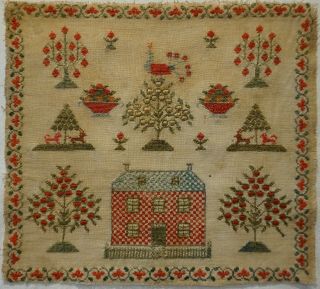 Mid/late 19th Century Red House,  Fruit Trees,  Peacock & Motif Sampler - C.  1870