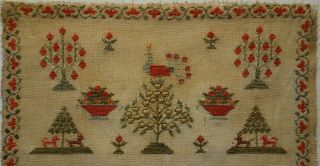 MID/LATE 19TH CENTURY RED HOUSE,  FRUIT TREES,  PEACOCK & MOTIF SAMPLER - c.  1870 2