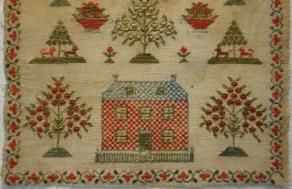 MID/LATE 19TH CENTURY RED HOUSE,  FRUIT TREES,  PEACOCK & MOTIF SAMPLER - c.  1870 3