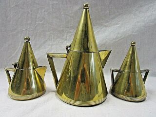 Antique Art Deco Conical Shaped Brass 1920/30 ' s Tea Coffee Pot Set 2