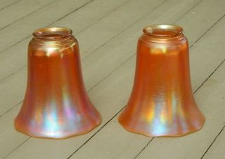 Nuart Light Lamp Shade Fluted Signed Antique Art Glass Iridescent Carnival Pair