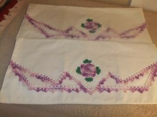 Pillow Cases Vintage White With Purple/green Crochet 15pc