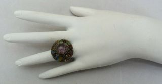 Antique Vintage Chinese Sterling Silver Enamel Flowers Amethyst Ring Size 7
