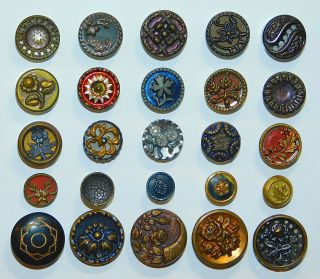Antique Vtg Victorian Ornate Tinted Metal Picture Buttons Paris Back Cut Steel