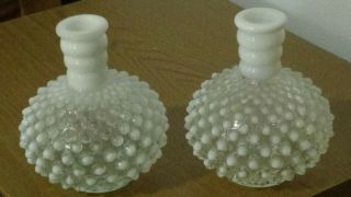 Vintage Set Of 2 Milk Glass Art Glass Hobnail Bud Vases 5 " Tall Unmarked