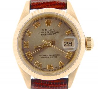 Ladies Rolex Solid 18k Yellow Gold Datejust Watch Leather Band Roman Dial 6917