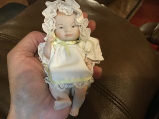 Small Vintage German Bisque Baby Doll Germany Sp 5” W/ Bonnet &dress Jointed