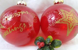 Vintage Christmas Ornaments Set Of 2 Red Large Seasons Greetings Gold Glitter