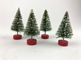 Vintage Set of 4 Bottlebrush Green Christmas Trees Snow Mica Red Base 4 inch 2