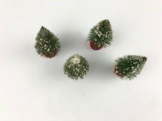 Vintage Set of 4 Bottlebrush Green Christmas Trees Snow Mica Red Base 4 inch 3