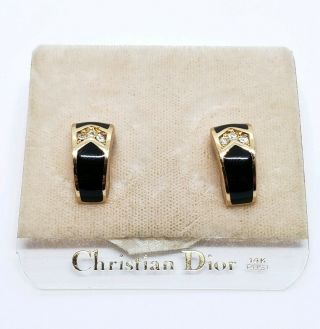 Ornate Vintage Christian Dior Black Enamel Crystal Rhinestones 14k Post Earrings
