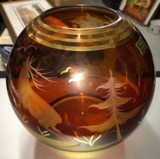 Vintage Bohemian Glass Egermann Woodland Scene Red/amber Rosebowl Shape