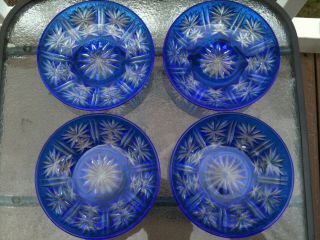 Vintage Bohemian Cobalt Blue Cut To Clear Glass Bowls (4)