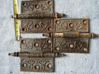 Eastlake Victorian Set Of 3 Vintage Antique 3.  5 X 3 1/2 Steeple Hinge Cast Iron