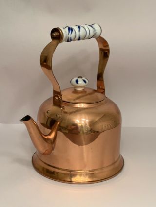 Vintage Copper Tea Pot Kettle Porcelain Handle And Knob Blue And White