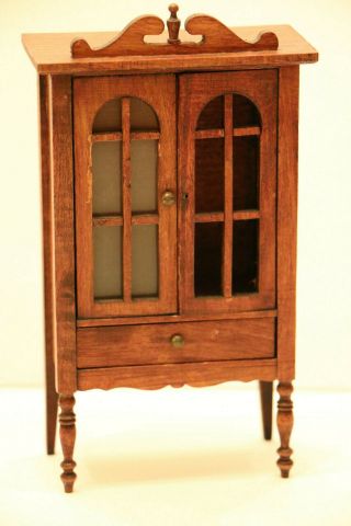 Antique German Wood Miniature China Cabinet Hutch For Dollhouse
