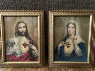 Vintage Pair Jesus And Mary Sacred Heart Prints Matching Frames 11 1/2 X 14 1/2