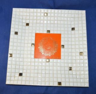 Georges Briard Vintage Mid Century Mosaic Tile Tray Dish Orange Gold White 10 In