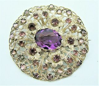Vintage Victorian Amethyst Glass Jewel Floral Rhinestone C - Clasp Filigree Brooch