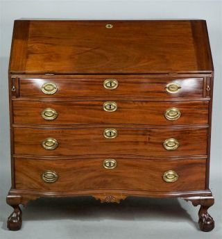 Important Antique 18th Century C1780 Salem Mass Chippendale Oxbow Slant Lid Desk