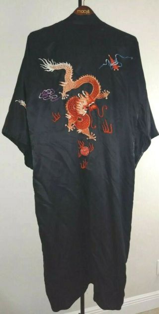 Vintage Unisex Xxl Chinese Dragons Kimono 40 Silk Robe Embroidery 51 " Long