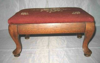 Vintage Mahogany Foot Stool Queen Anne Legs Tapestry Fabric Top Small Size