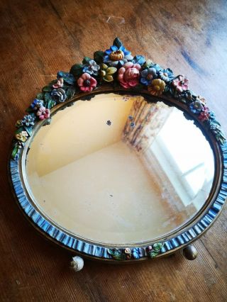 Antique Rococo Ornate Brightly Coloured Wooden Dressing Table Mirror On Stand