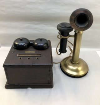 Antique Western Electric Brass Candlestick Telephone 20al W/ Oak Ringer Box 323w