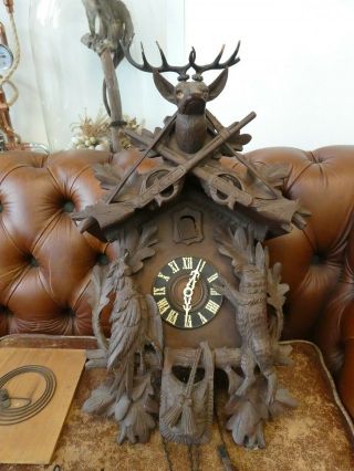 Large Antique Black Forest Cuckoo Clock Deer Hunting/game But Needs Tlc