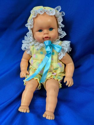 2000 Citi Toy Baby Doll Sleepy Blue Eyes 12” Tall Soft Body Vtg Seated Yellow