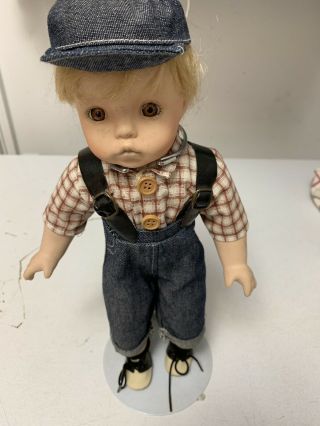 13” Antique Porcelain Doll Boy In Coveralls With Glasses