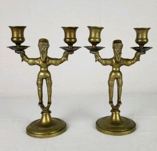 Antique Figural Brass Candlesticks Gothic Revival Very Heavy