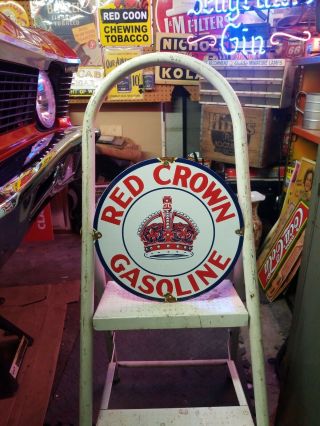 Vintage Old Red Crown Gasoline Porcelain Metal Sign Gas Station Pump Plate Oil