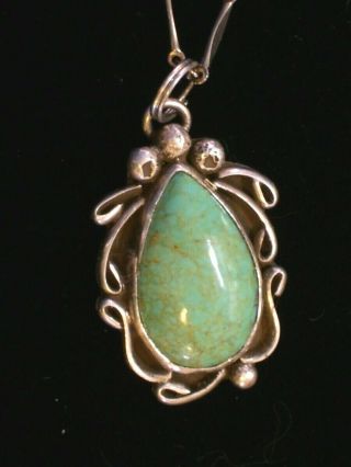 Vintage Signed Navajo Sterling Silver & Turquoise Pendant With 19 " Chain
