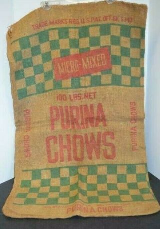 Vintage Purina Chows Feed Sack Bag Burlap 100 Lbs.  Red & Green 39 X 25 Ralston