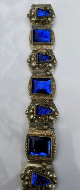 Vintage Early Mexican Alpaca Silver Aztec Warrior Blue Sapphire Glass Bracelet