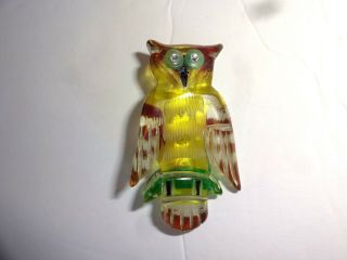 Vintage Plastics Lucite ? Carved Owl Pin Brooch Rhinestone Eyes