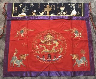 Massive Antique Chinese Textile Embroidery Wall Hanging With Dragon 36”x 40”