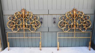 Pair Gorgeous French Iron Headboards Large & Fancy Gold Gilt Hollywood Regency