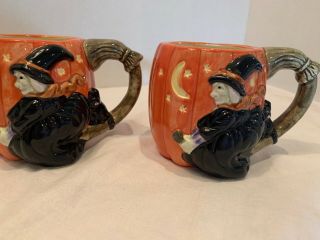 Set Of 2 Fitz And Floyd Pumpkin Jack O Lantern Witch Mug Halloween Vintage Euc