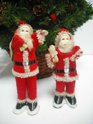 Pair Antique / Vintage Father Christmas Santa Doll Figures Celluloid Faces