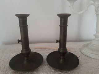 Pair French Antique Solid Brass Candlesticks With Push - Up Ejectors.  20cm High