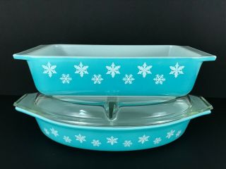 Vintage Pyrex Snowflake 1.  5qt Divided Dish W Lid & 2qt Space Saver Casserole 575