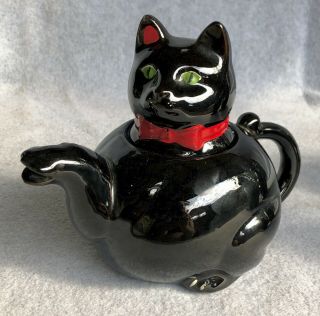 Vintage Japanese Red Ware Black Cat Tea Pot 8 " Vg