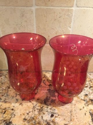 Vintage Set 2 Cranberry Red Etched Glass Hurricane Lamp Shades 61/4”
