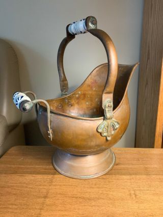 Antique Vintage Dutch Solid Copper Coal Scuttle Ash Bucket Delft Ceramic Handles