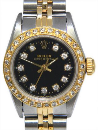Rolex Oyster Perpetual 18k Yellow Gold/steel Diamond Dial/bezel 25mm Watch 67193