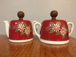 Vtg Pottery Sugar & Creamer Set W/ Red Metal Lids Toleware Ransburg Flowers