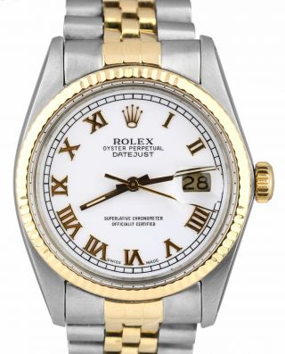 1985 Rolex Datejust 36mm 16013 Two - Tone Gold White Roman Dial Jubilee Watch