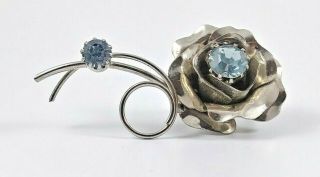 Vintage Silver Tone Light Blue Rhinestone Rose Flower Figural Brooch Pin